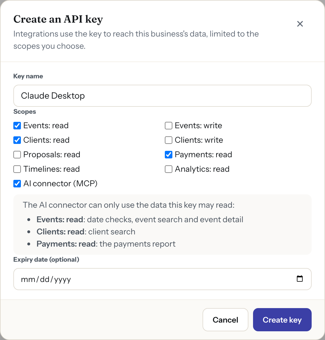 The Create an API key form in Zenvents360 with the AI connector scope ticked along with Events, Clients and Payments read, and a note listing what each one lets the AI app read