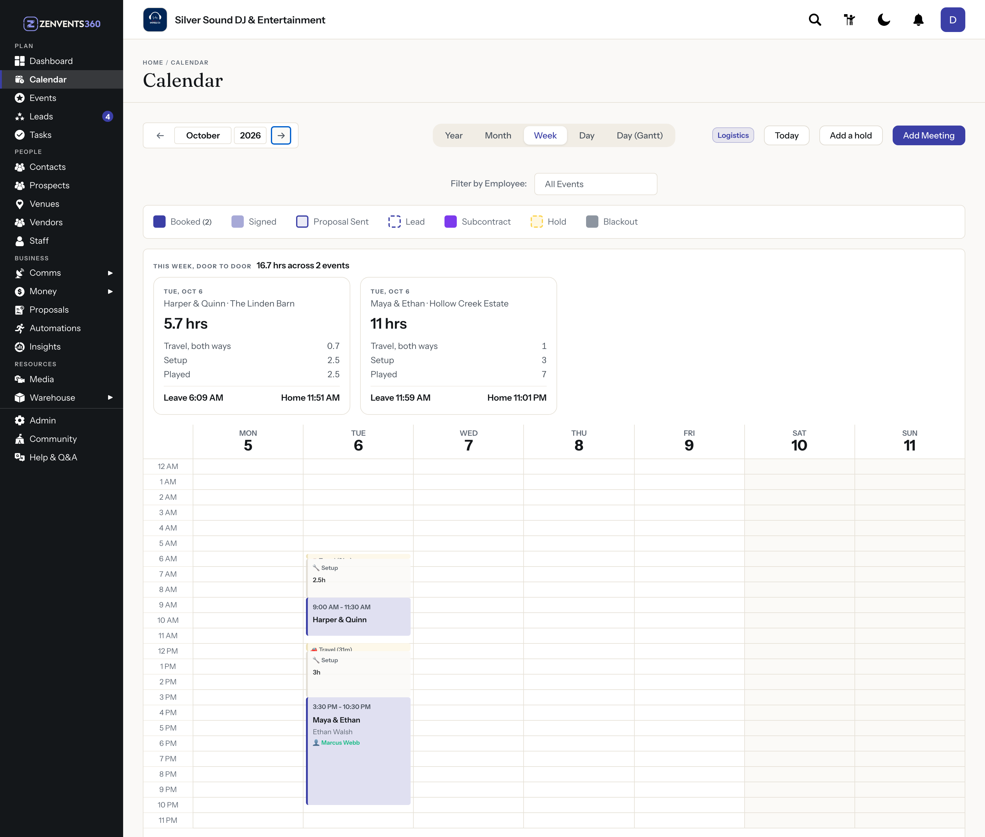 Zenvents360 calendar in week view showing Travel and Setup blocks stacked before two events on the same Tuesday, with each day's door-to-door hours above