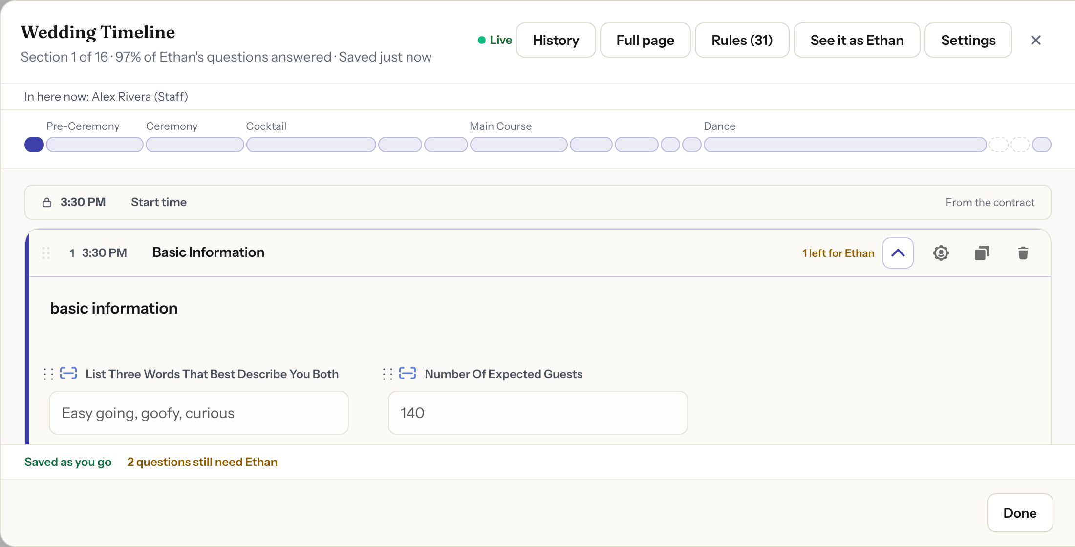 Event Documents header showing the Live indicator, who is in the document now (a staff member), and how many of the couple's questions are answered