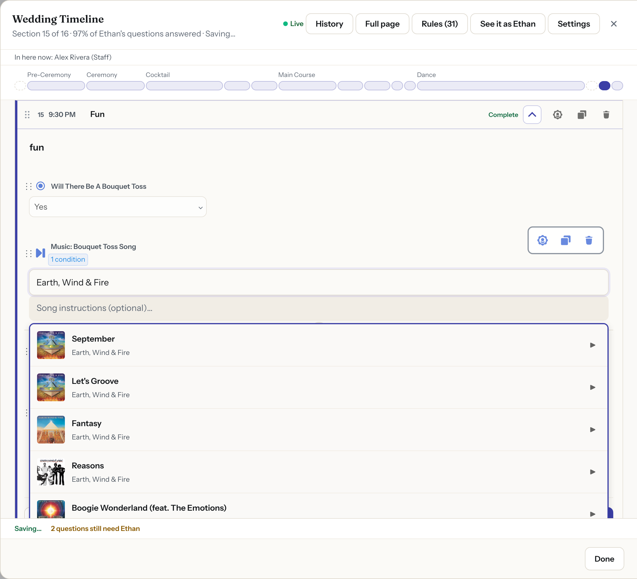 Music search inside an Event Documents timeline block, showing artist search results with album art and play buttons for previewing tracks