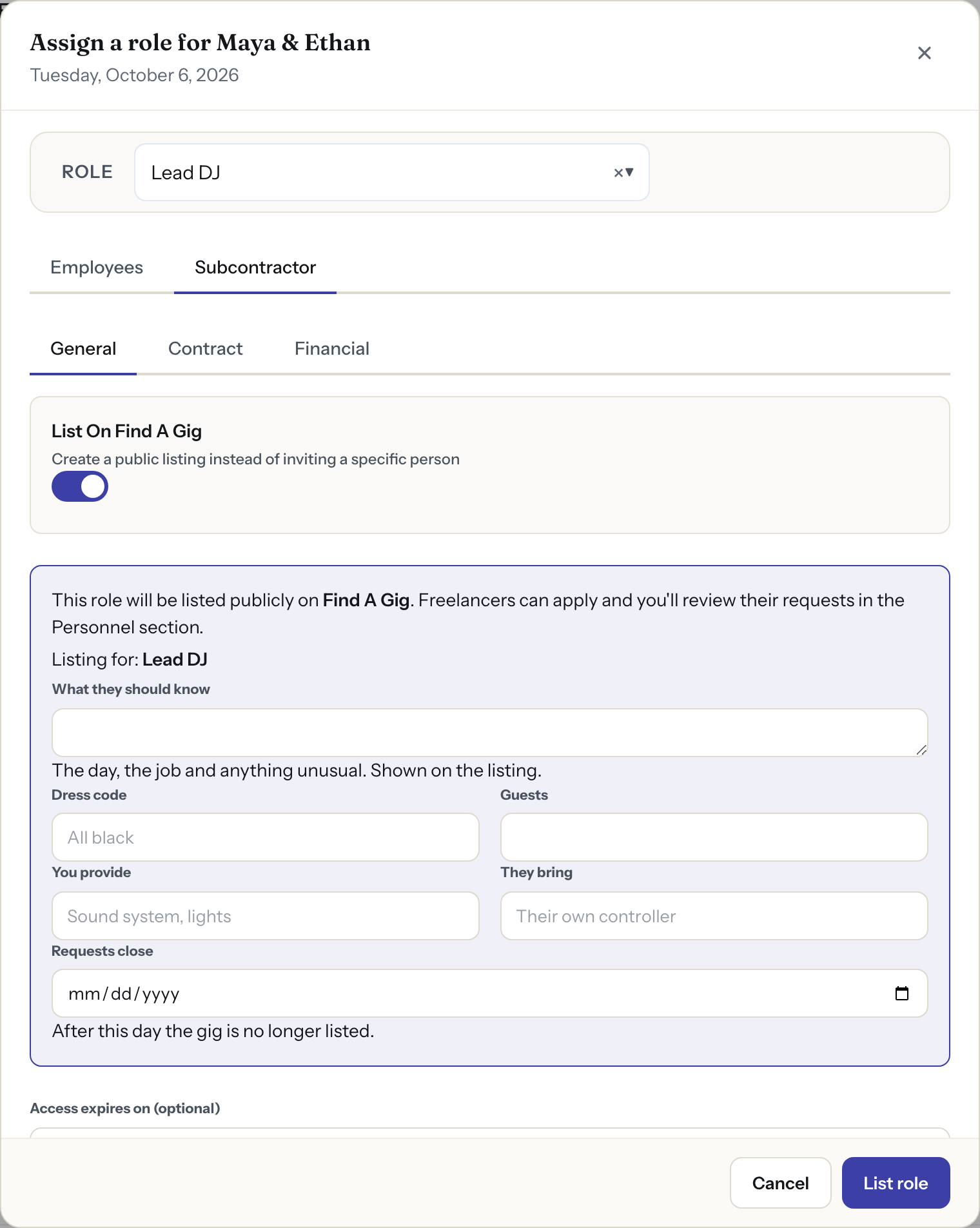 The Assign Role modal in Zenvents360 for Maya & Ethan, with List On Find A Gig selected for a Lead DJ role