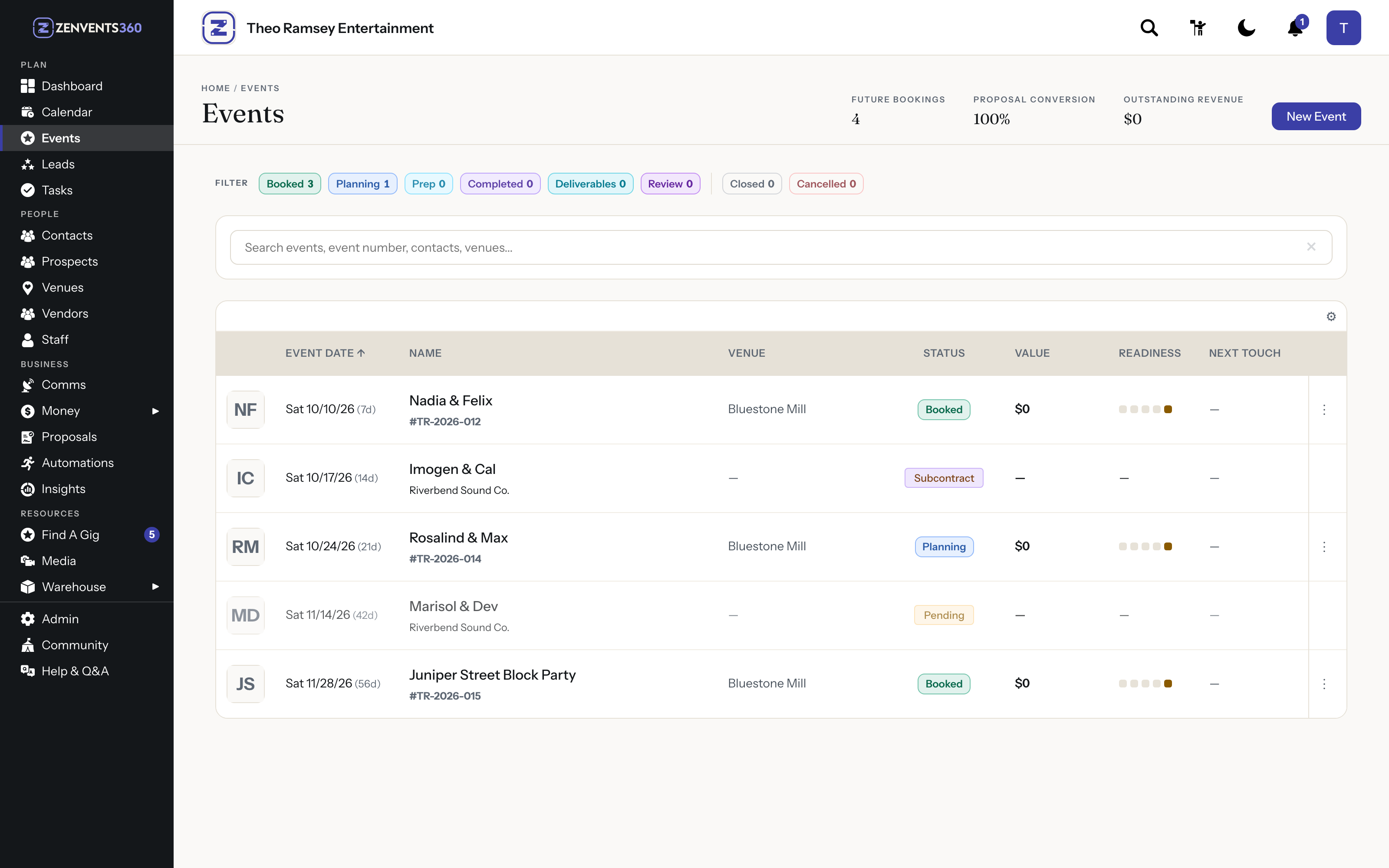 A freelancer's Events list in Zenvents360, with gigs taken from Riverbend Sound Co. alongside their own bookings