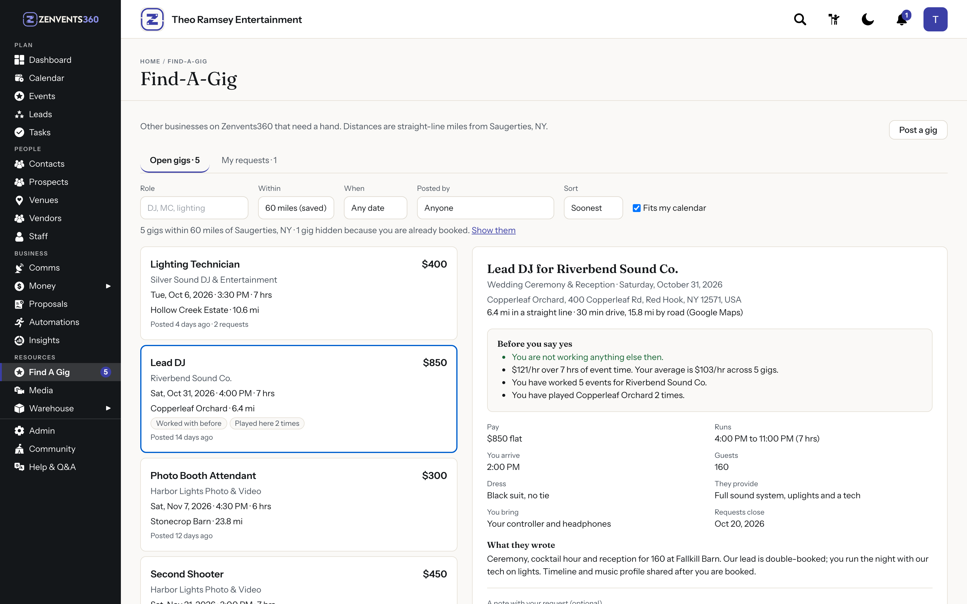 Find A Gig from the freelancer side: open gigs on the left, and a Lead DJ gig for Riverbend Sound Co. open on the right with its drive time, pay per hour against the freelancer's average, and history with the business and the venue