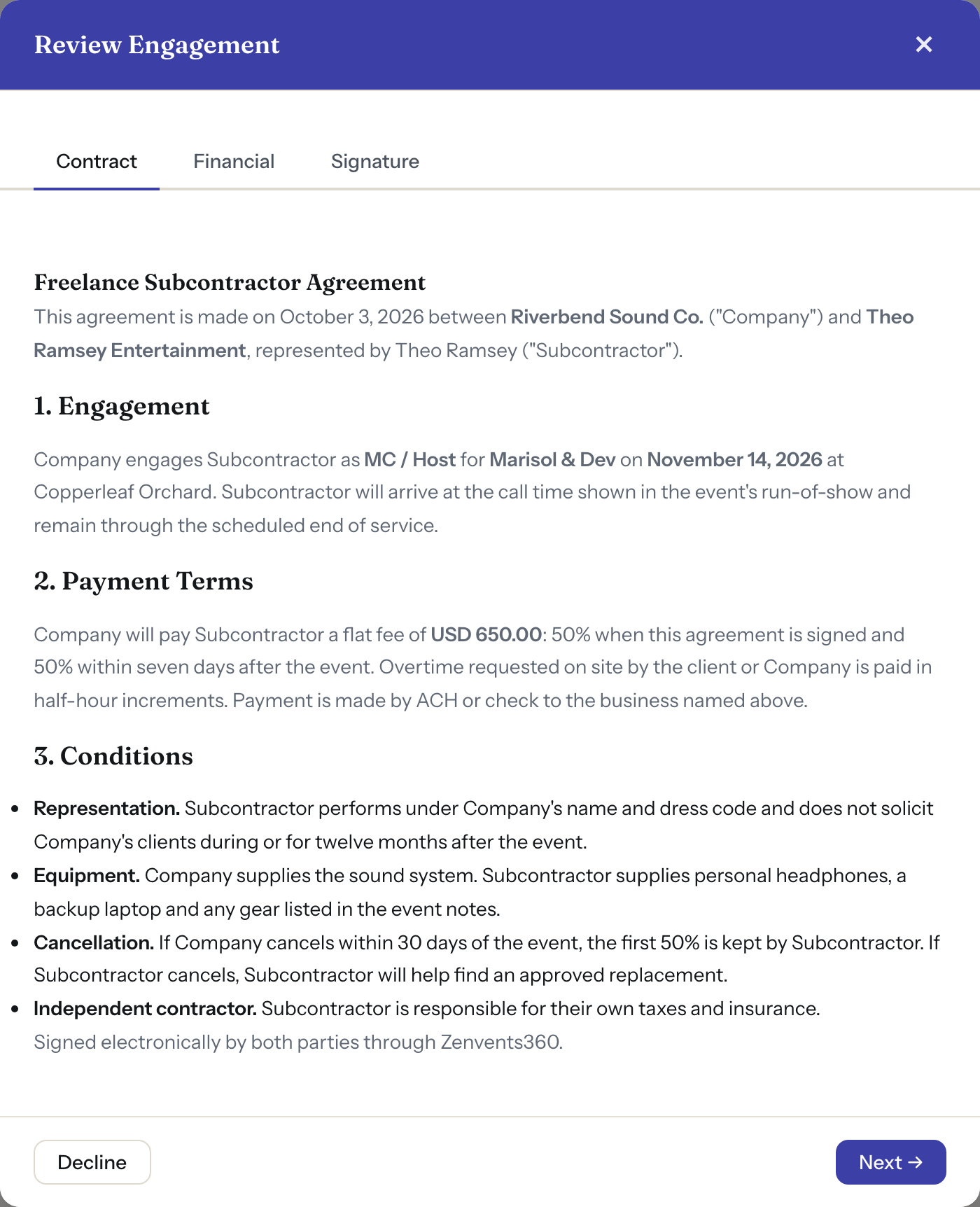 The Review Engagement modal showing the freelance contract with payment terms and conditions before signing