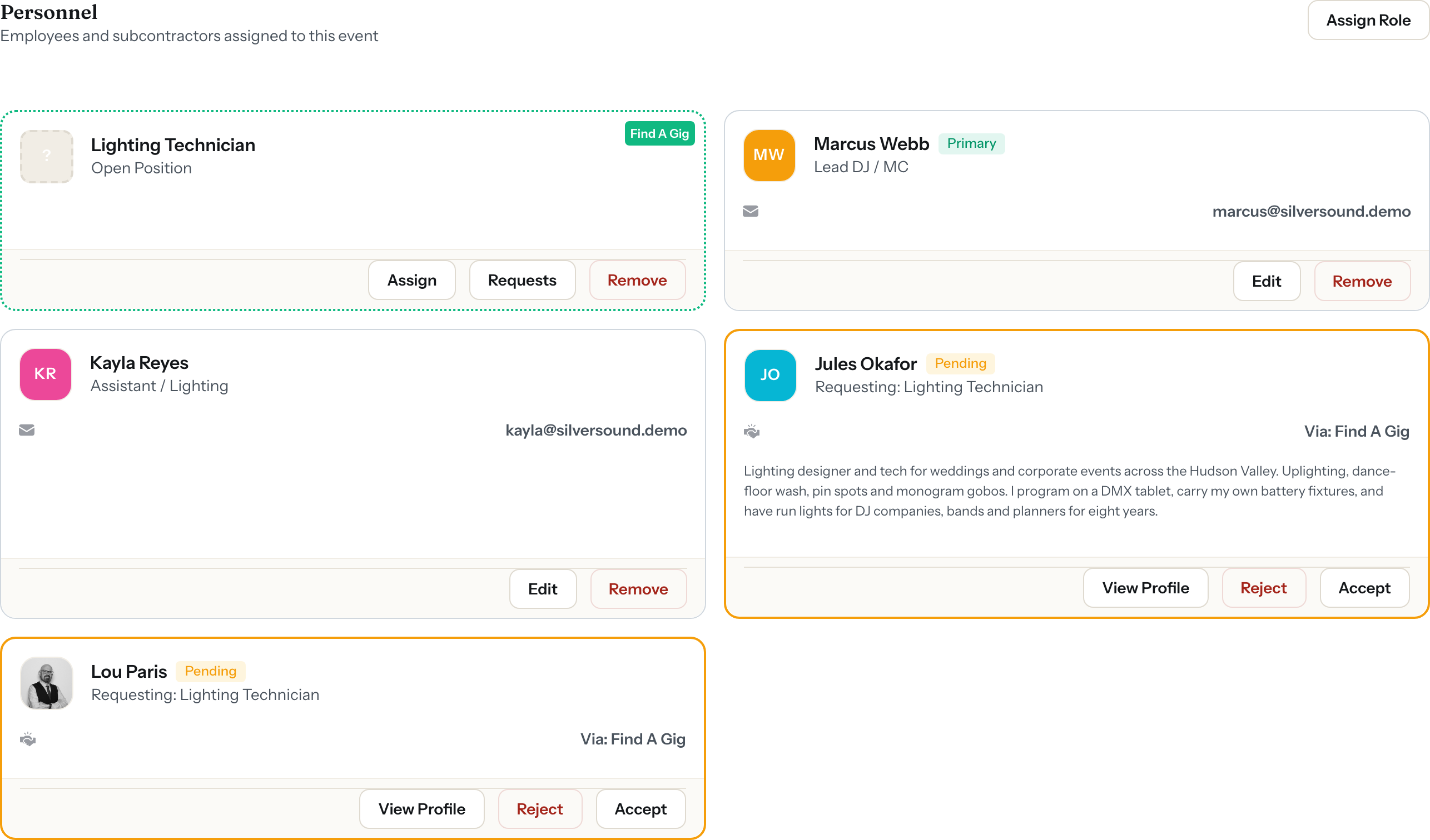 The Personnel panel on an event showing open positions with a Find A Gig badge and a pending applicant with Accept and Reject options