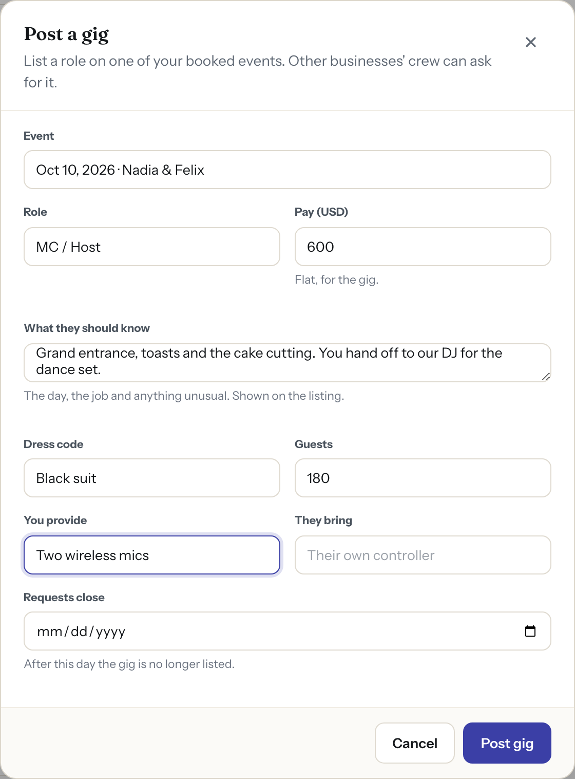 The Post a gig form in Zenvents360: an event, the role and pay, what the freelancer should know, dress code, guests, what you provide and when requests close