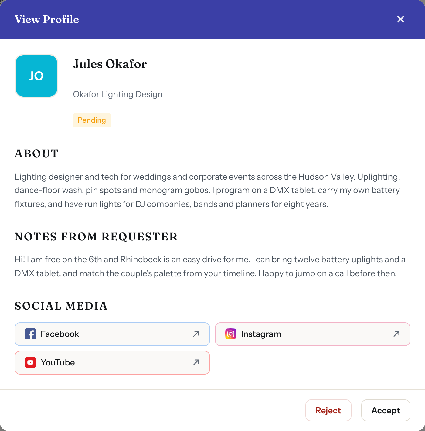 The View Profile modal for applicant Jules Okafor, showing their bio, a note to the requester, and social media links