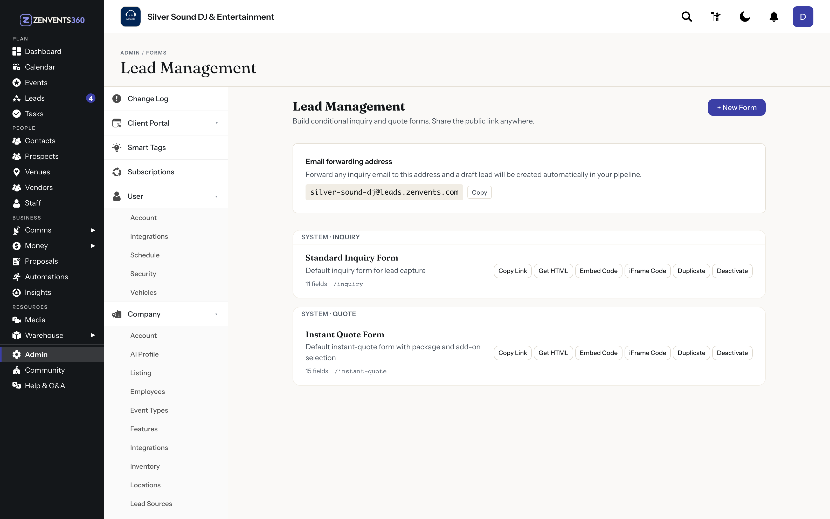 The Zenvents360 forms page: an inquiry form and an instant quote form, each with Copy Link, Get HTML, Embed Code and iFrame Code, and an email forwarding address that turns forwarded inquiries into draft leads