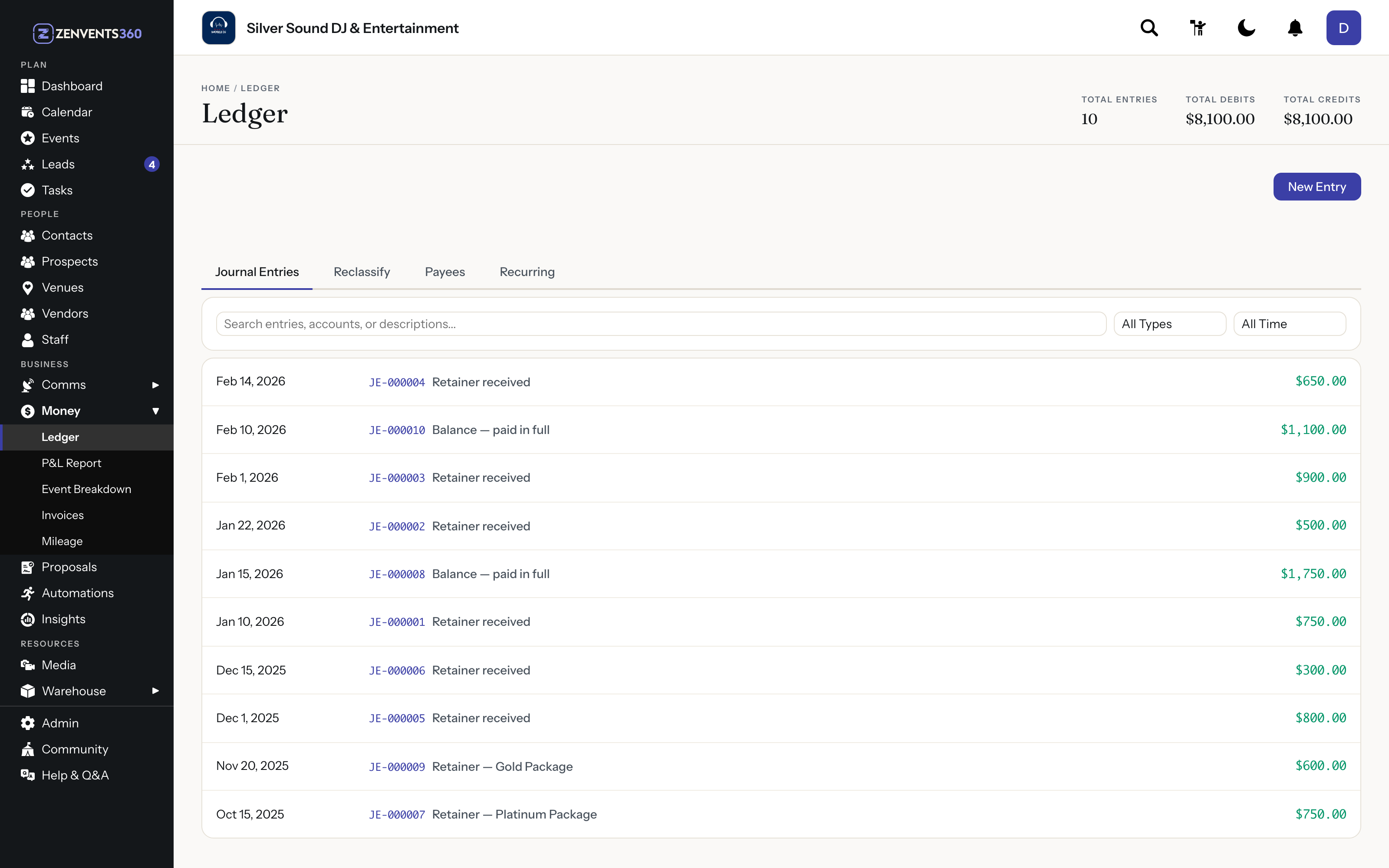 Zenvents360 Ledger page listing journal entries for retainers and balance payments, with total entries, total debits and total credits at the top