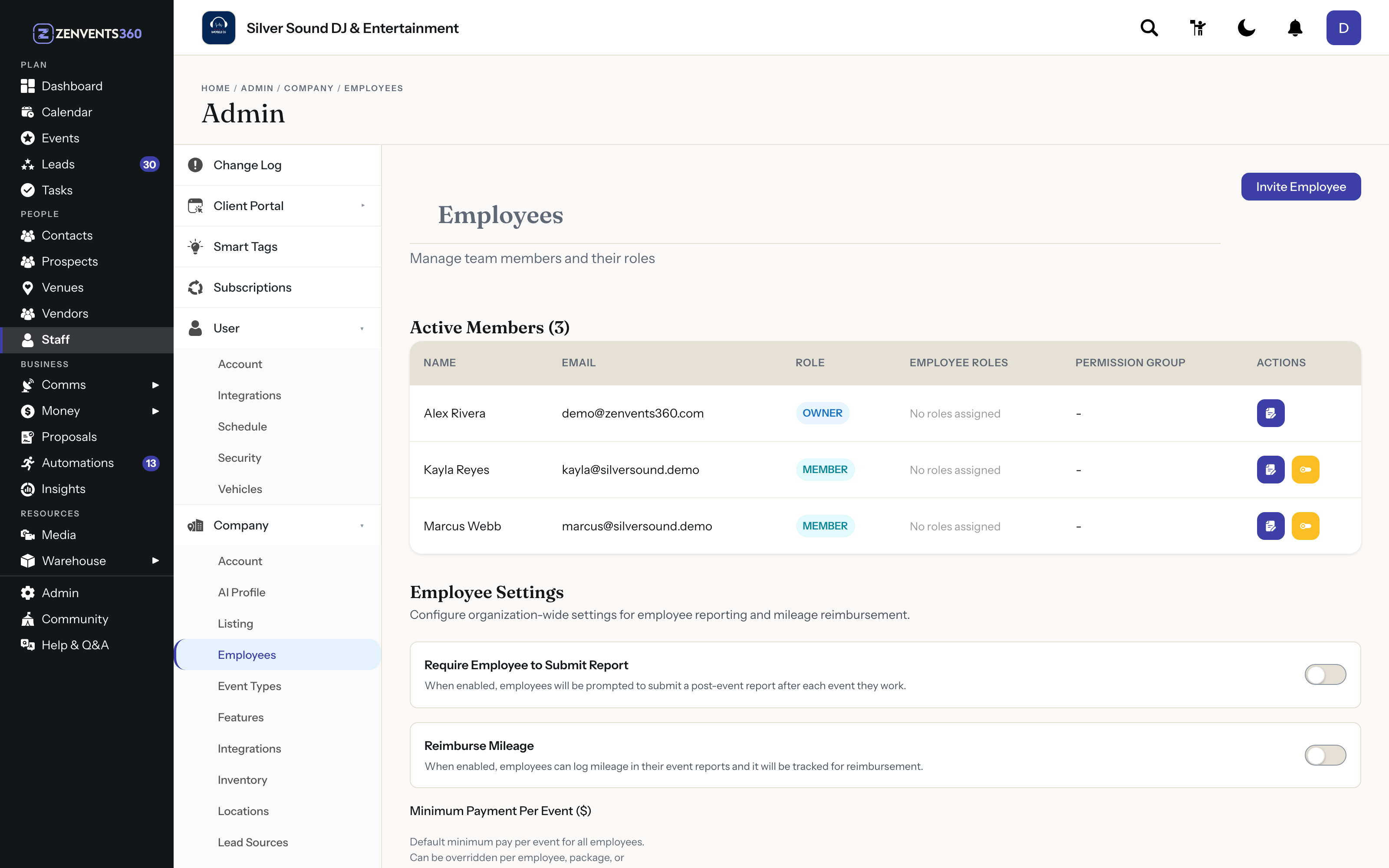 The Zenvents360 Employees page: active members with their role (owner or member), employee roles and permission group, and organization-wide employee settings below