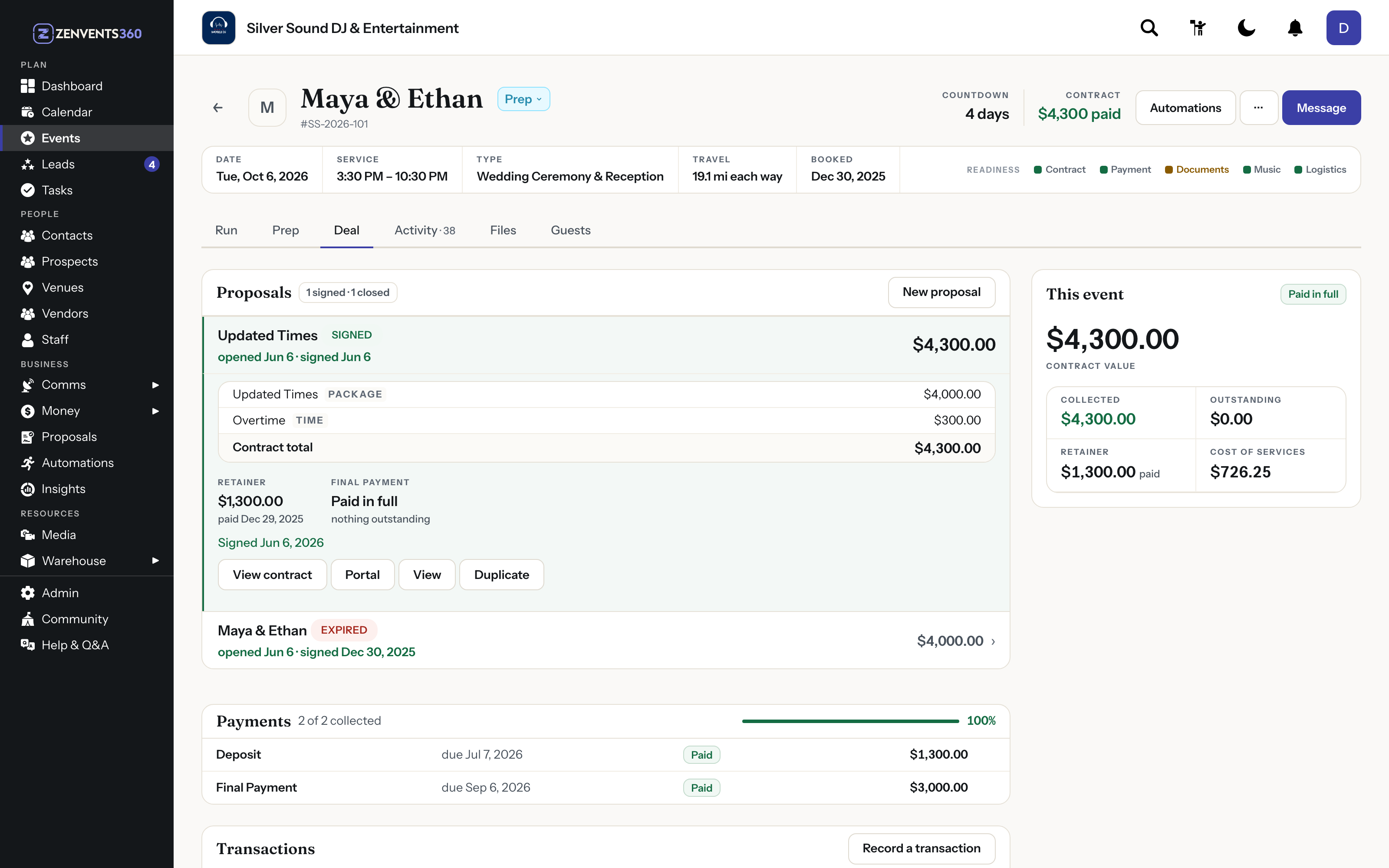 An event record with its contract, package and balance.