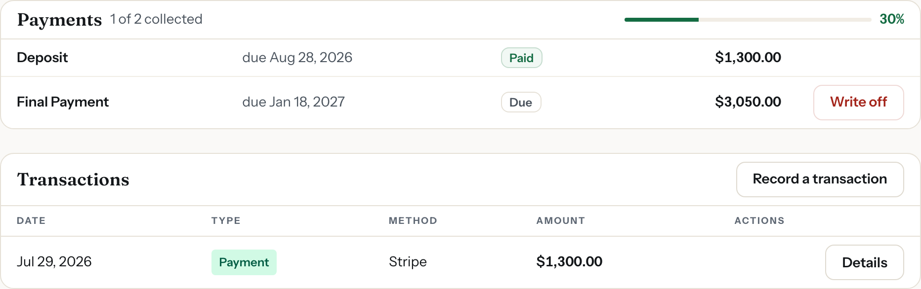 Payment milestones showing a paid retainer and the balance due.