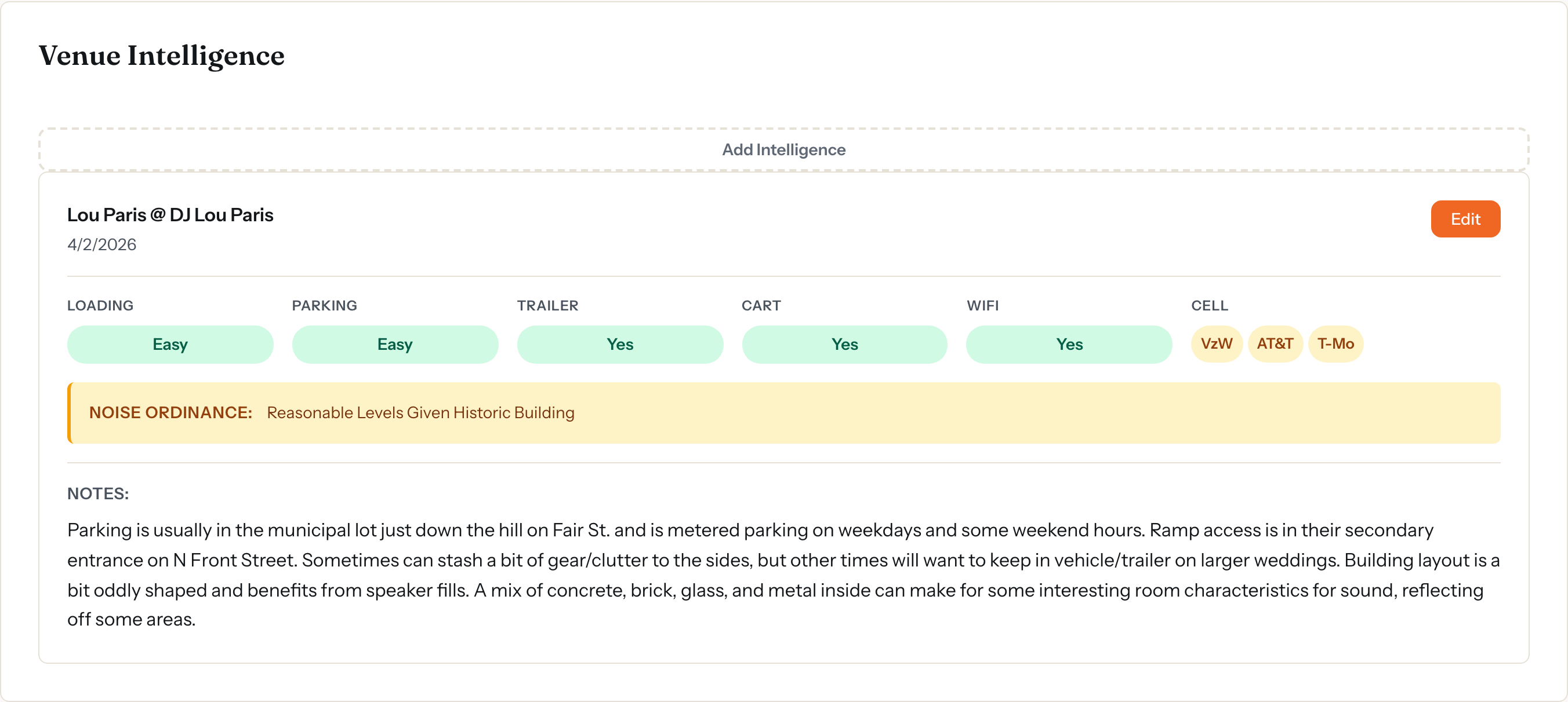 A completed Venue Intelligence entry showing loading and parking difficulty, trailer and cart friendliness, per-carrier cell signal, WiFi, noise ordinance, and detailed notes