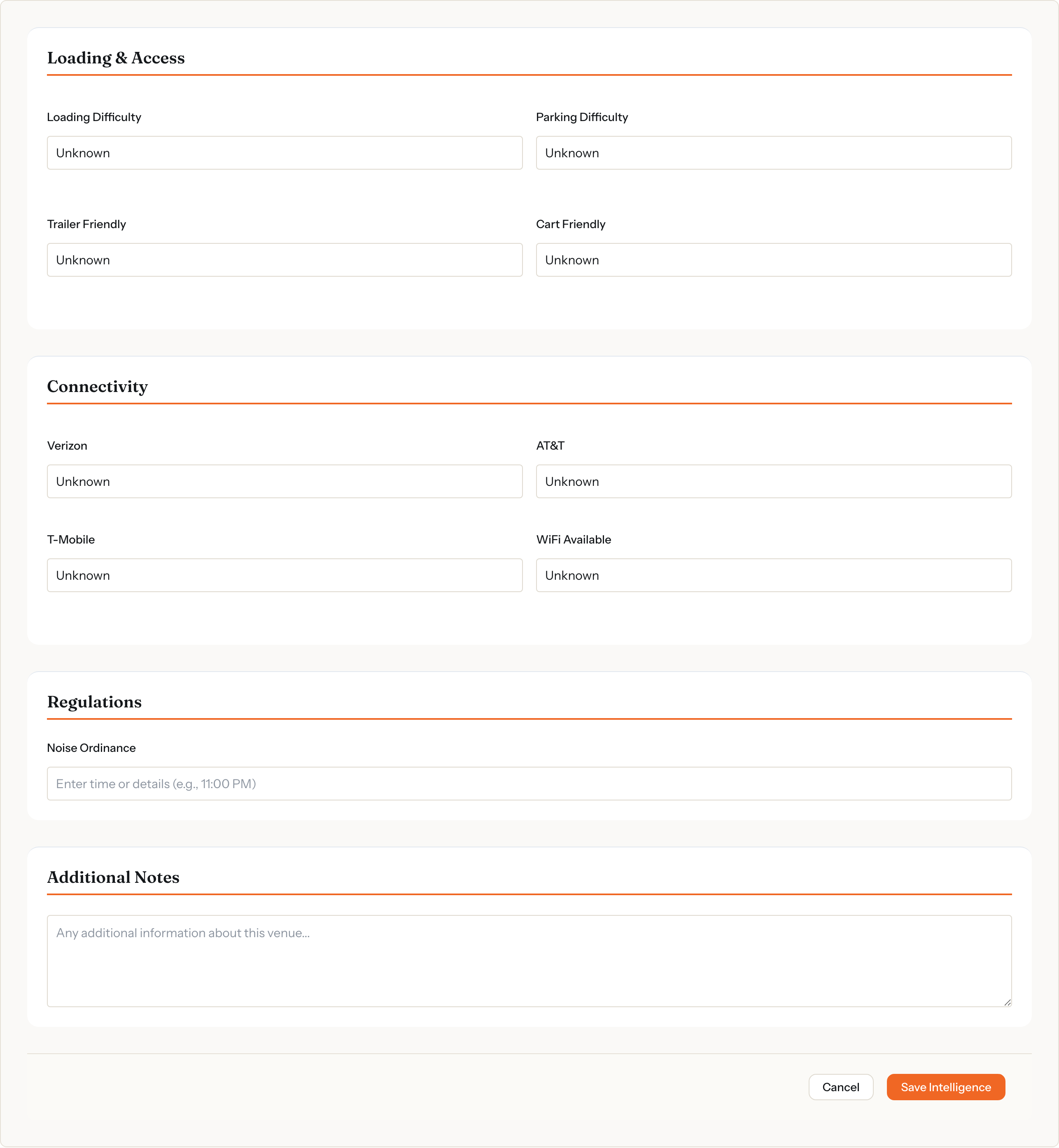 The Add Intelligence form showing Loading and Access fields and the Connectivity section with per-carrier cell signal and WiFi fields
