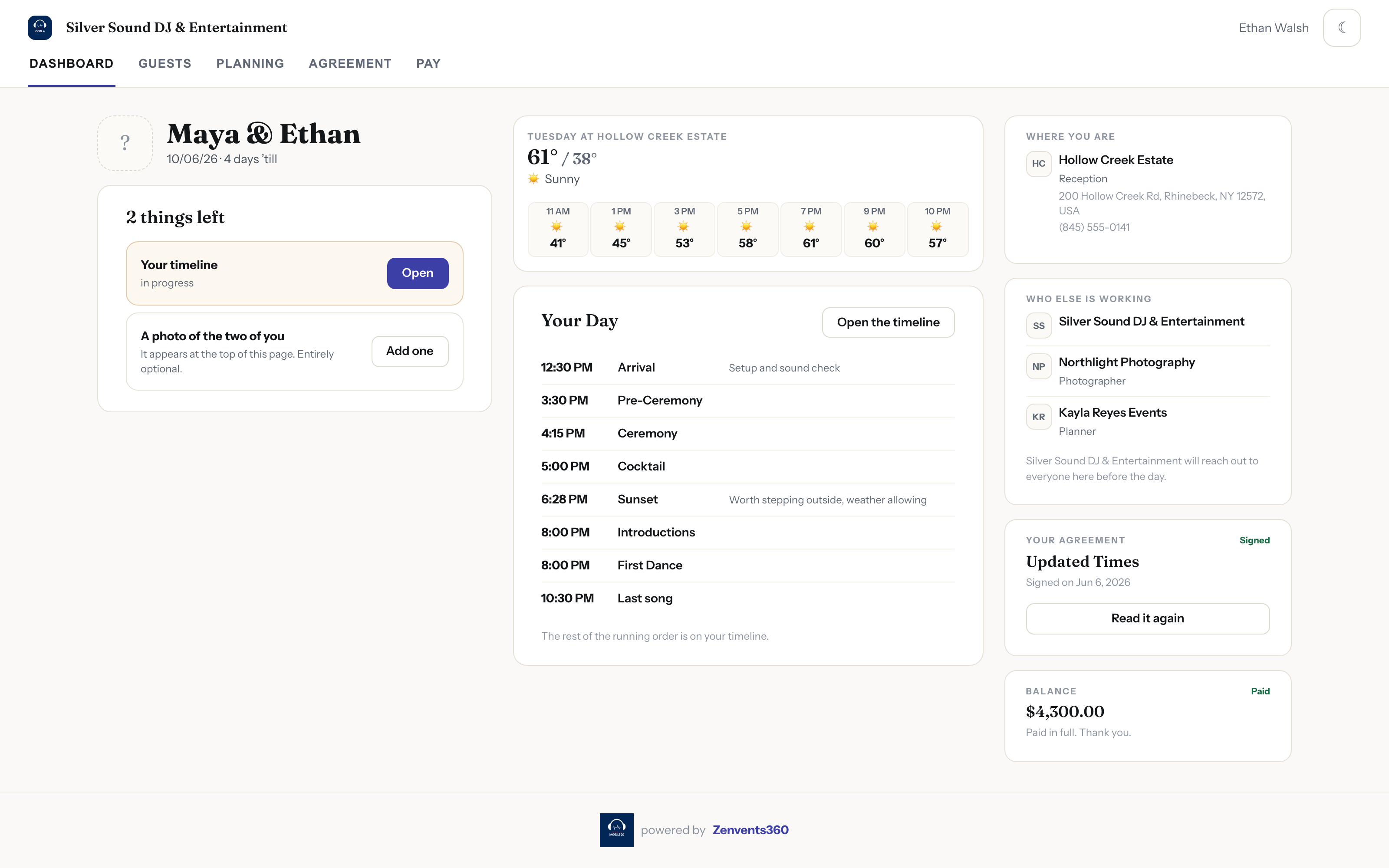 The Zenvents360 client portal dashboard for Maya & Ethan, branded for their DJ company, showing what is left to do, the forecast, their day, who else is working, the signed agreement and the balance