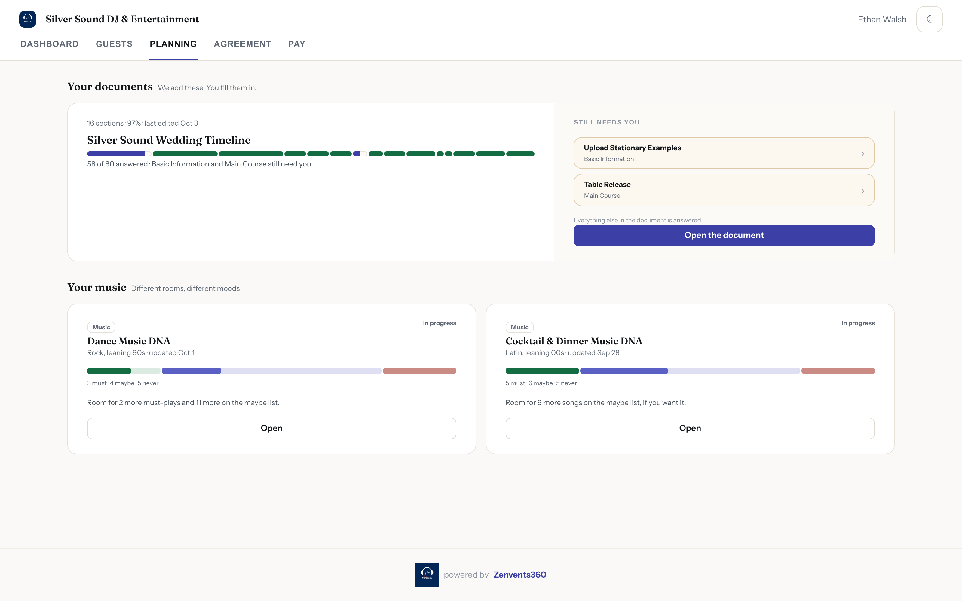 The planning page in the client portal, where the client answers your questions.