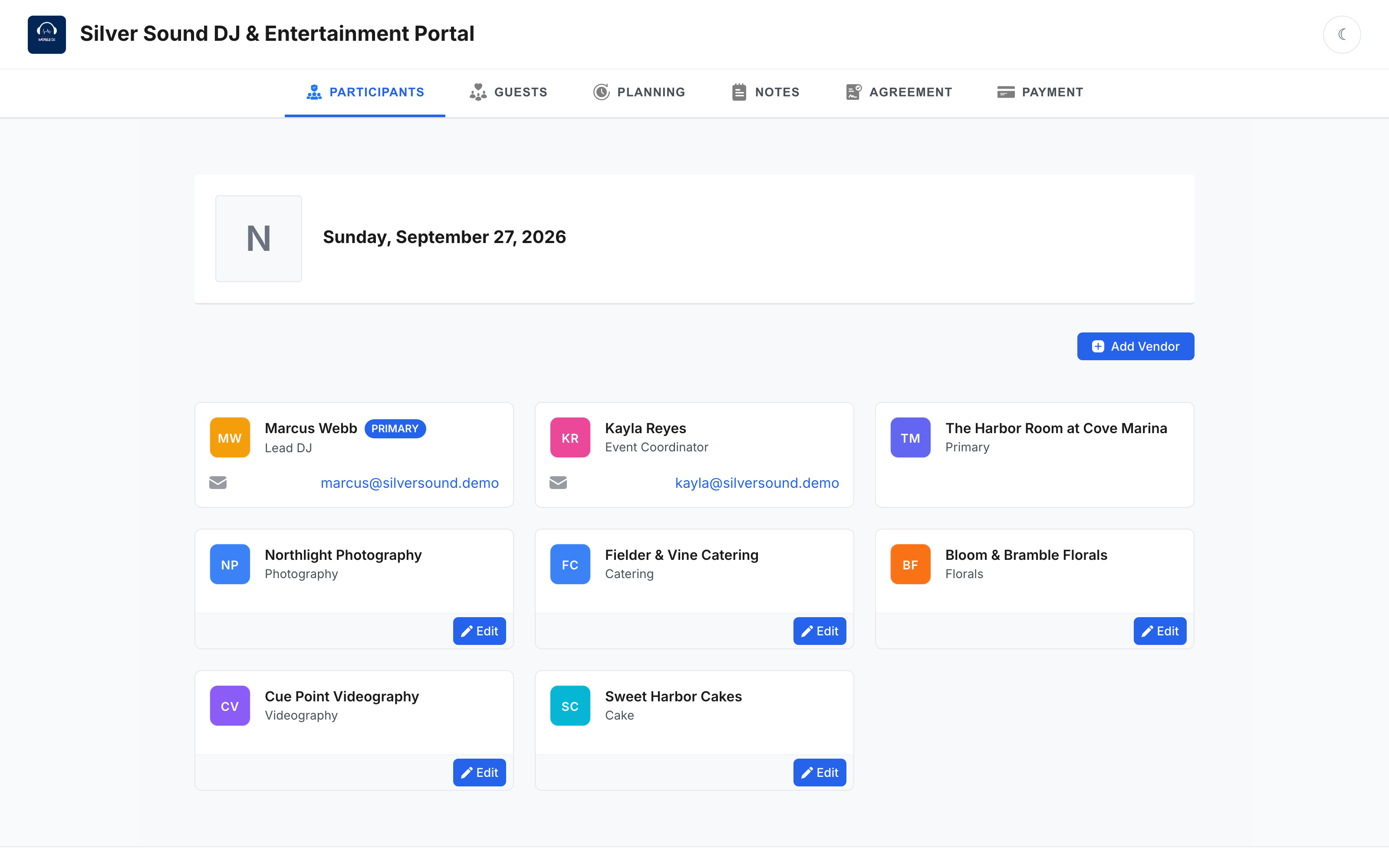 The previous client portal, opening on a grid of participant and vendor cards