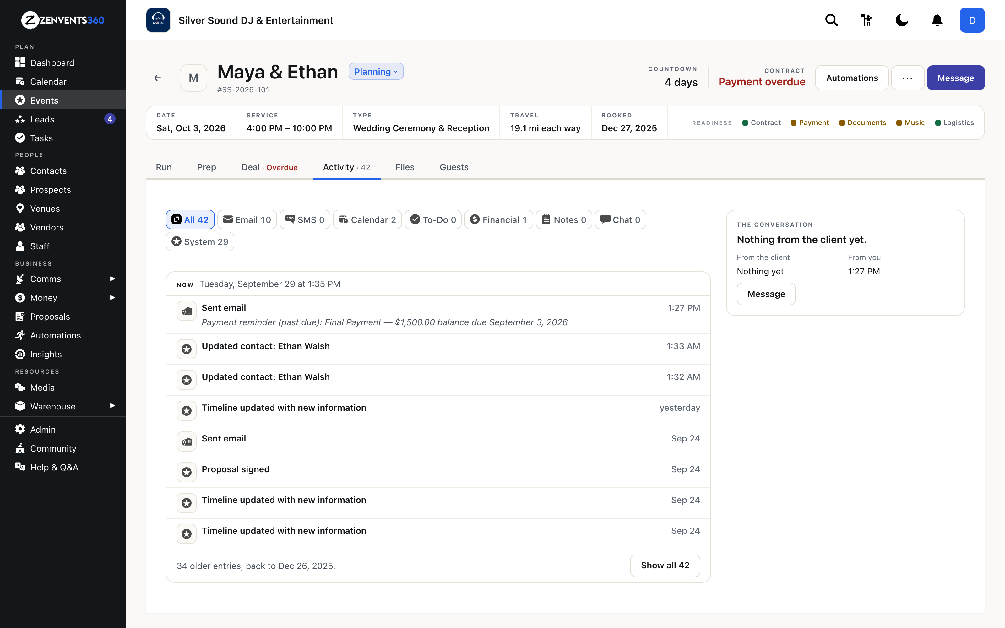 The Activity tab: filters by type, a feed that starts with now, and The conversation panel showing who wrote last