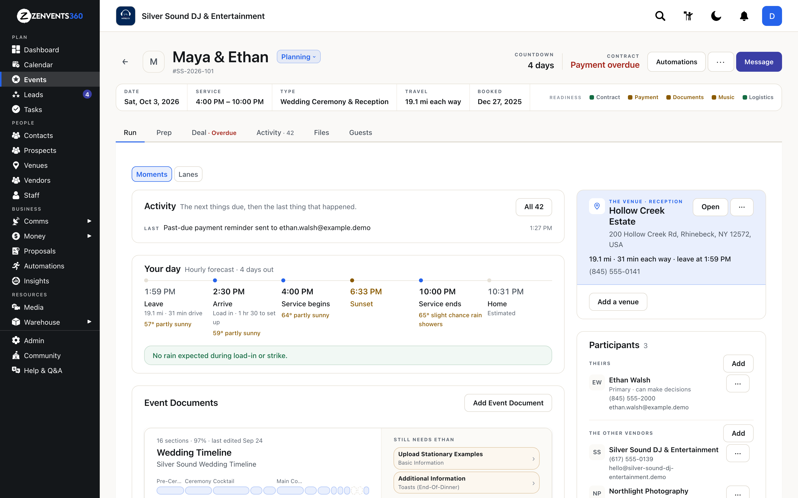 The redesigned event page on the Run tab: a header with countdown and readiness, and Your day from leave time to home with the hourly forecast