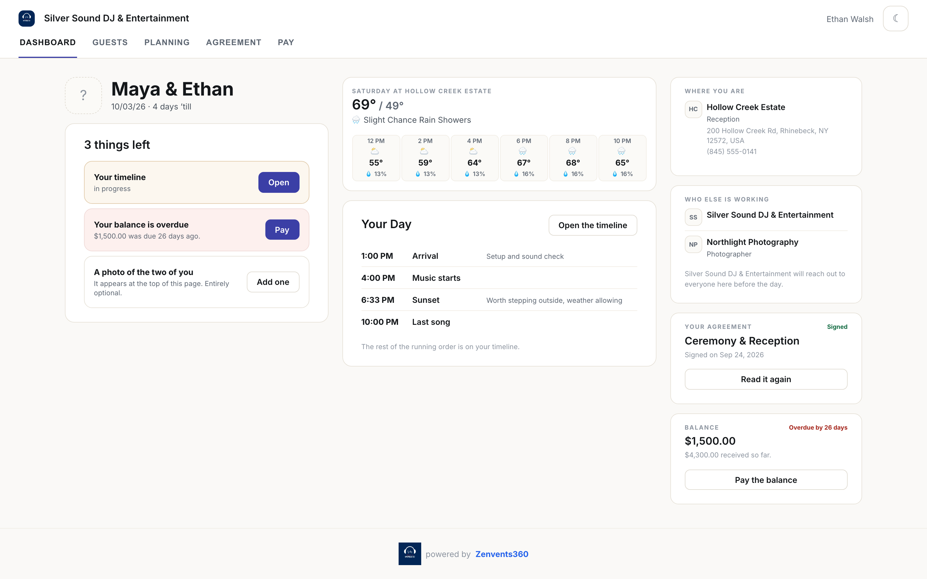 The redesigned client portal dashboard: 3 things left, the hourly forecast, Your Day, who else is working, the signed agreement and the balance
