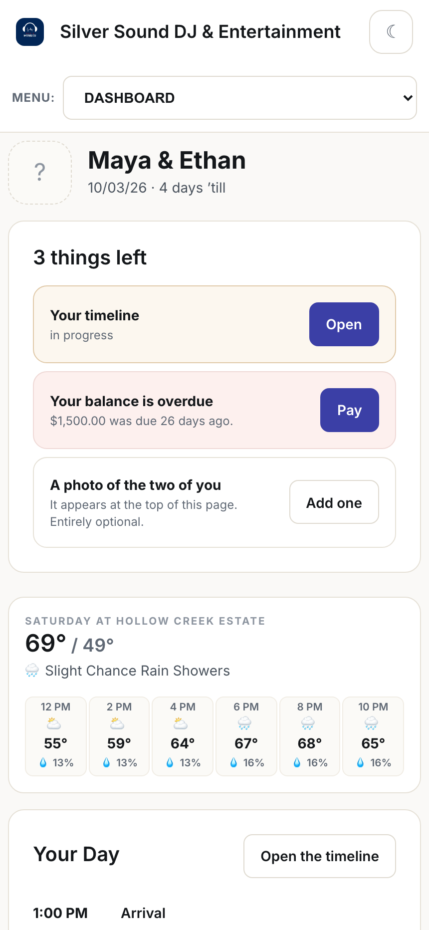 The client portal dashboard on a phone: 3 things left and the forecast