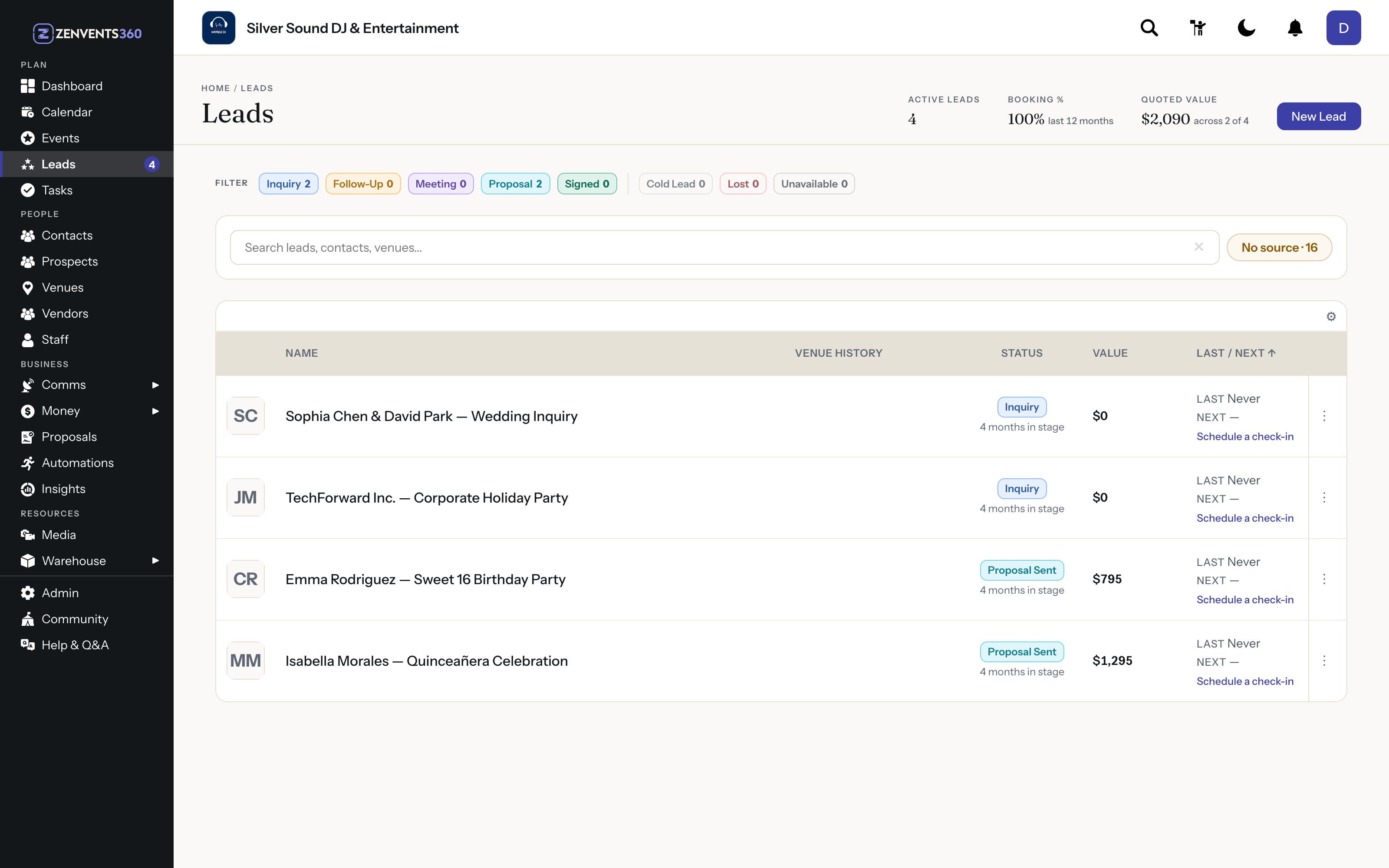 The lead pipeline with inquiry, follow-up and proposal stages.